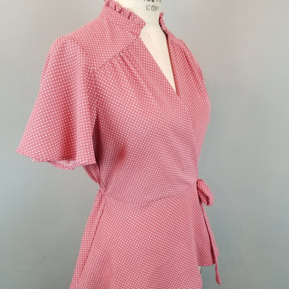 Monteau Women's Size Medium Lipstick Pink Polka Dot Faux Wrap Top with Tie - Picture 6 of 10